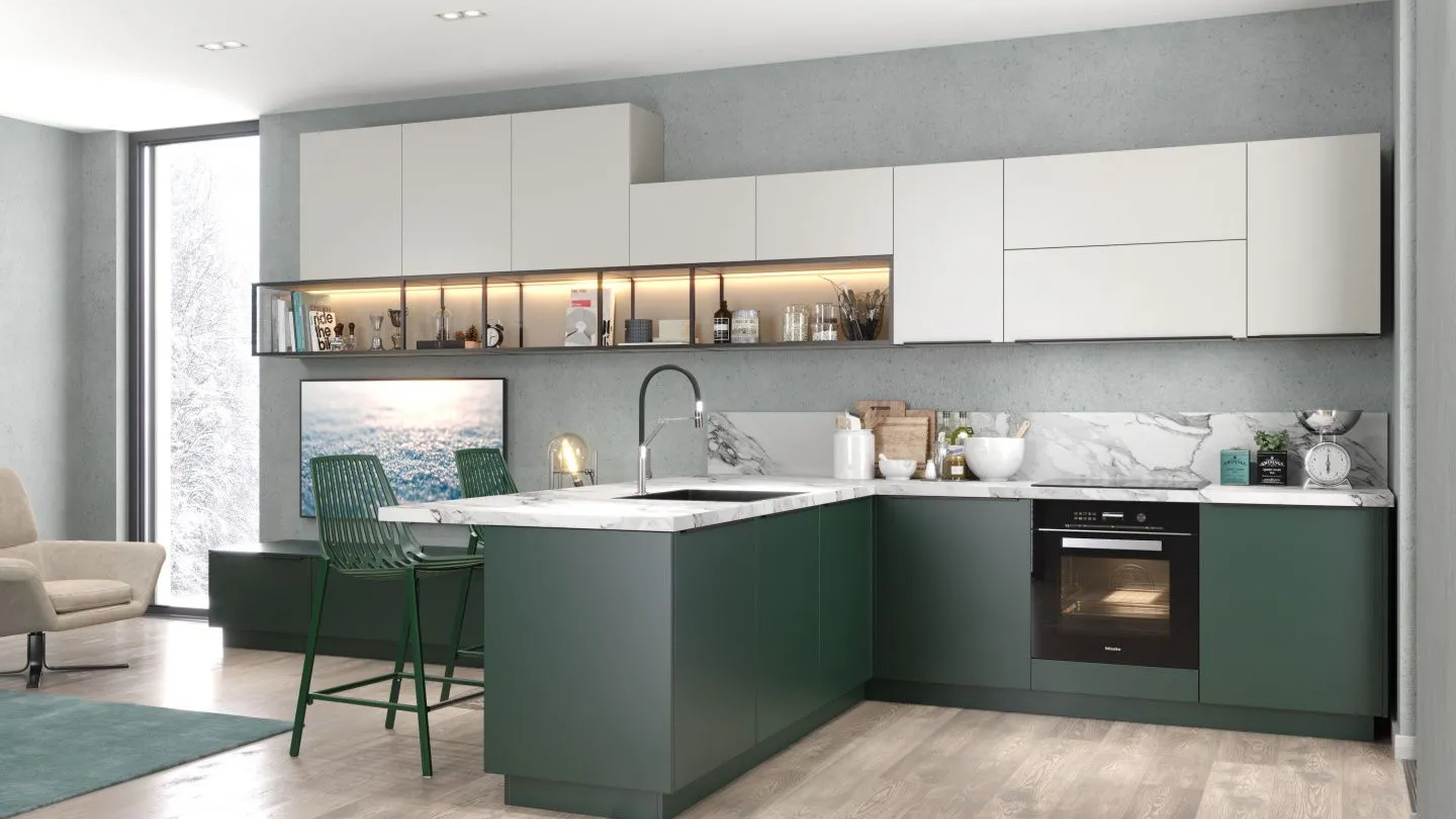 Зелёная кухня «Метрополитан» под орех с полуостровом
